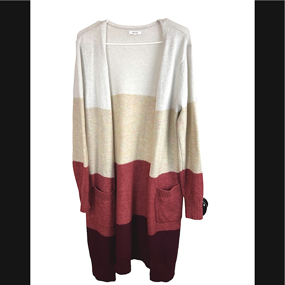 SOLD Maurice's Color Block Long Open Front Cardigan Size M